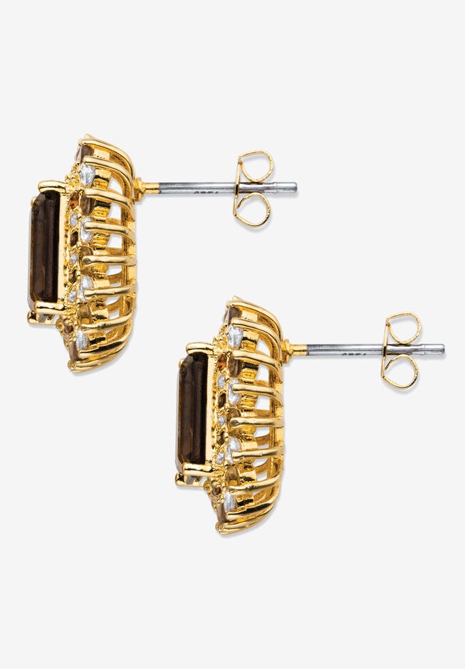 10.31 Tcw Emerald-Cut Genuine Smoky Topaz And Cz Gold-Plated Halo Earrings, , on-hover image number null