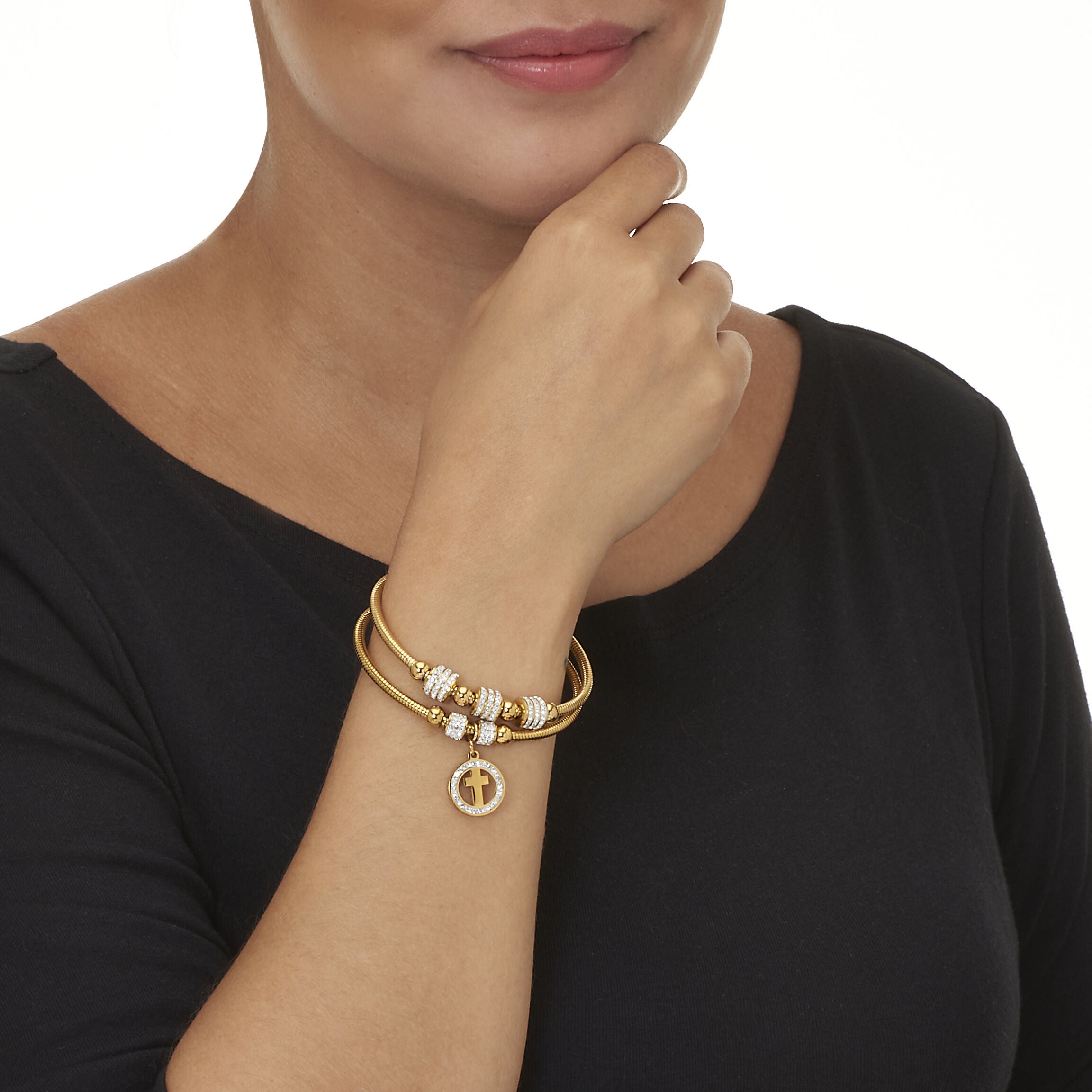 Round Crystal Gold Ion-Plated Stainless Steel Cross Charm Bracelet Set 7-inch, WHITE, alternate image number 2