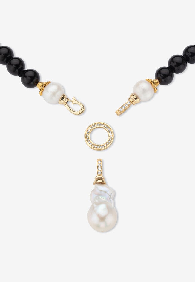 1.72 Cttw. Black Agate & Keshi Pearl Drop Beaded Necklace Gold-Plated 20 inches Length, , alternate image number null