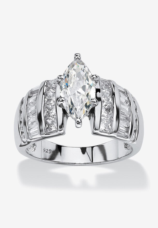 Platinum over Silver Marquise Cut Engagement Ring, CUBIC ZIRCONIA, hi-res image number 0