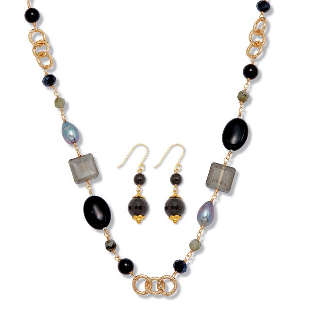 Genuine Black Onyx Goldtone Jewelry Set, BLACK, hi-res image number null