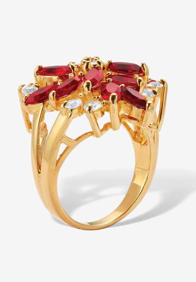 Red Crystal 18K Gold-Plated Flower Cocktail Ring, , on-hover image number null