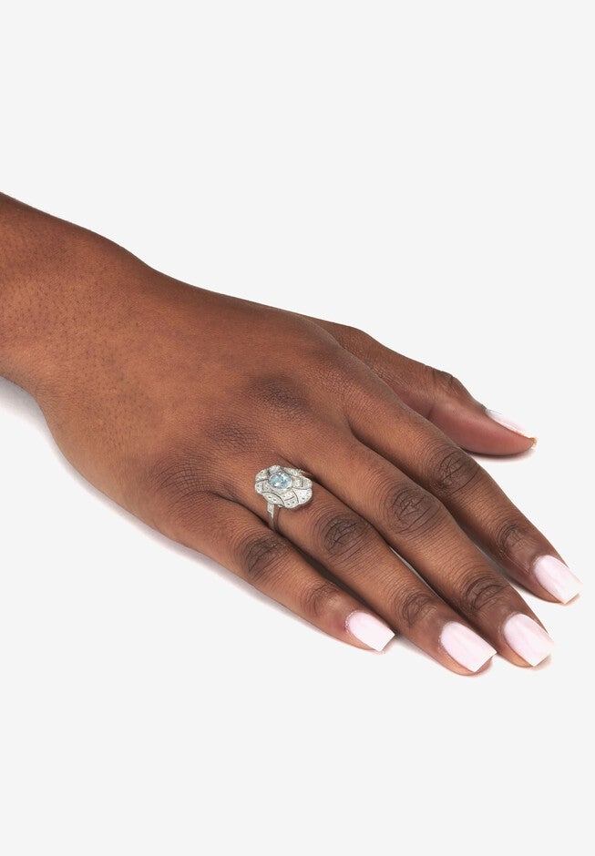 1.67 Tcw Oval Cut Genuine Aquamarine And Round Genuine White Topaz Cocktail Ring, , alternate image number 2