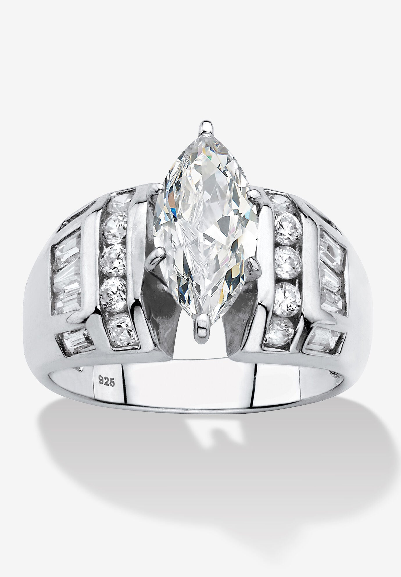 3.17 Cttw. Platinum-Plated Sterling Silver Marquise-Cut Cubic Zirconia Engagement Ring, SILVER, hi-res image number 0