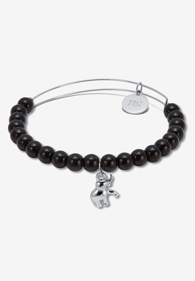 Natural Black Onyx Silvertone Elephant Charm Bangle, 7.5 Inches, BLACK, hi-res image number null