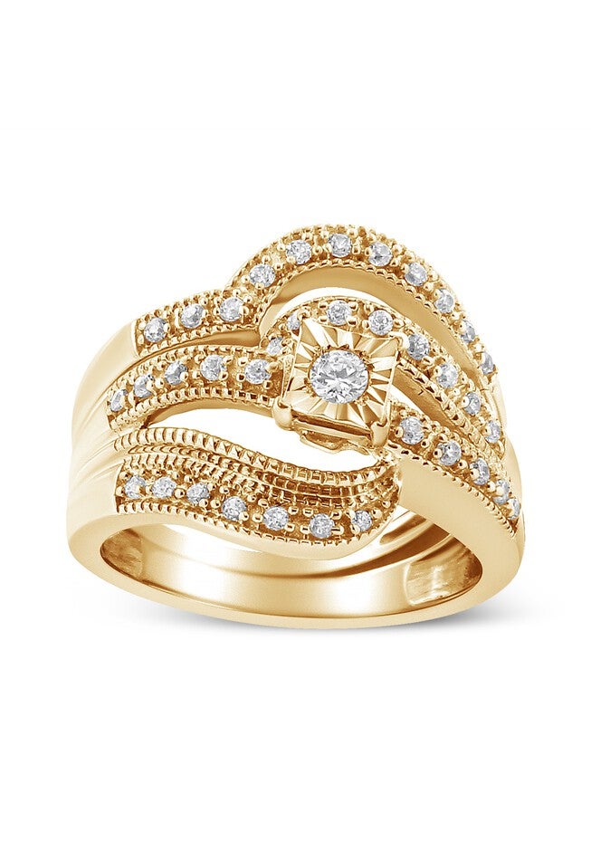 Yellow Gold Plated Silver 1/3 Cttw Round Diamond Crisscross Engagement Ring Bridal Set, YELLOW GOLD, hi-res image number null