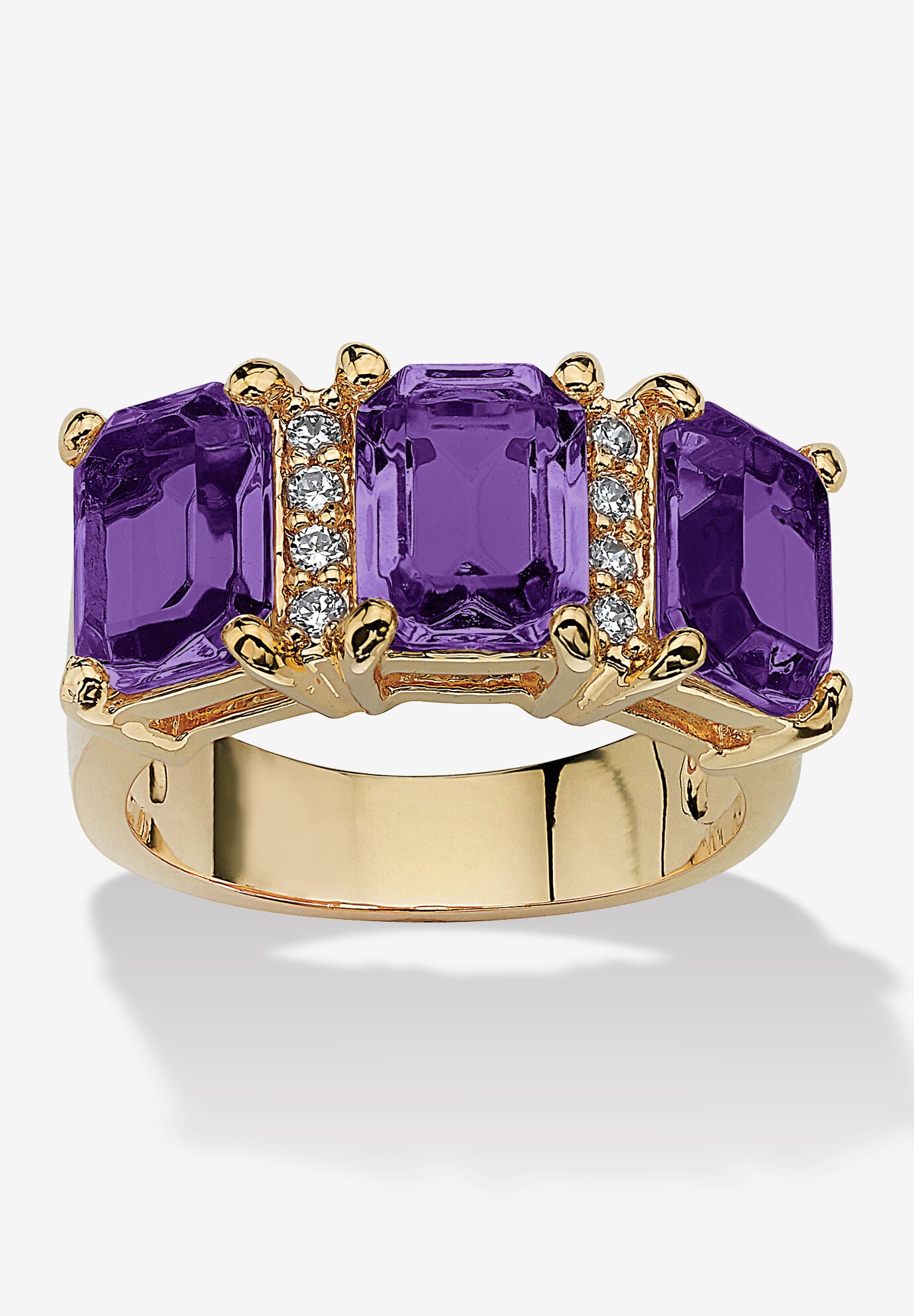 Yellow Gold-Plated Emerald Cut 3 -Stone Simulated Birthstone & CZ Ring, FEBRUARY, hi-res image number 0