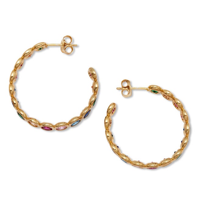 3 TCW Round Rainbow Cubic Zirconia Gold-Plated Hoop Earrings, GREEN, on-hover image number 1