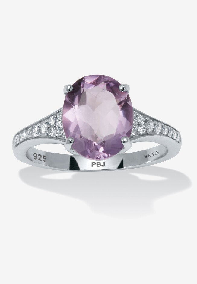 3.40 Tcw Oval Genuine Purple Amethyst And Cubic Zirconia Sterling Silver Ring, PURPLE, hi-res image number null