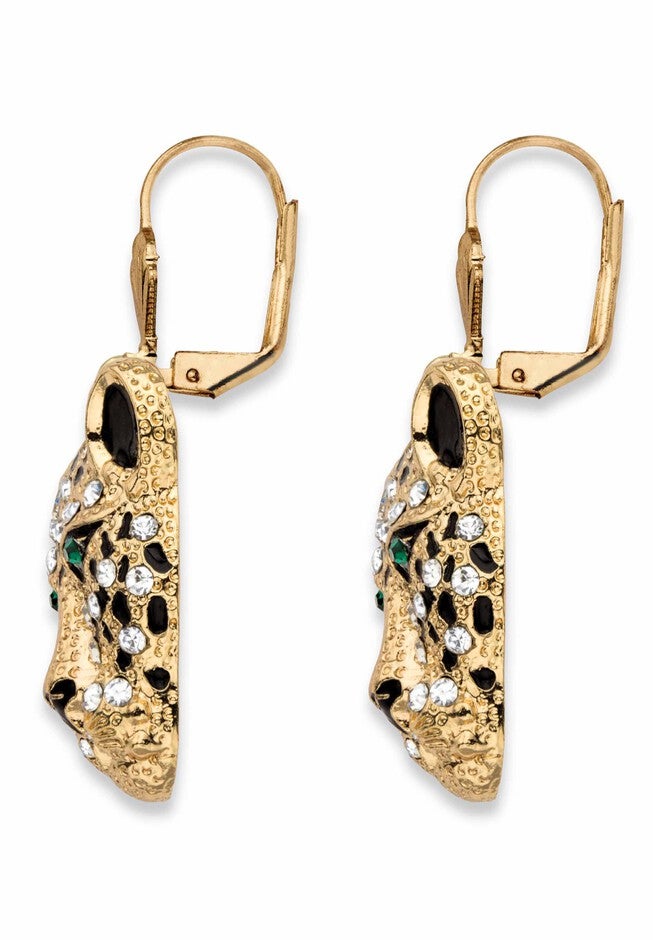 Gold Tone Leopard Face Drop Earrings, , on-hover image number 1