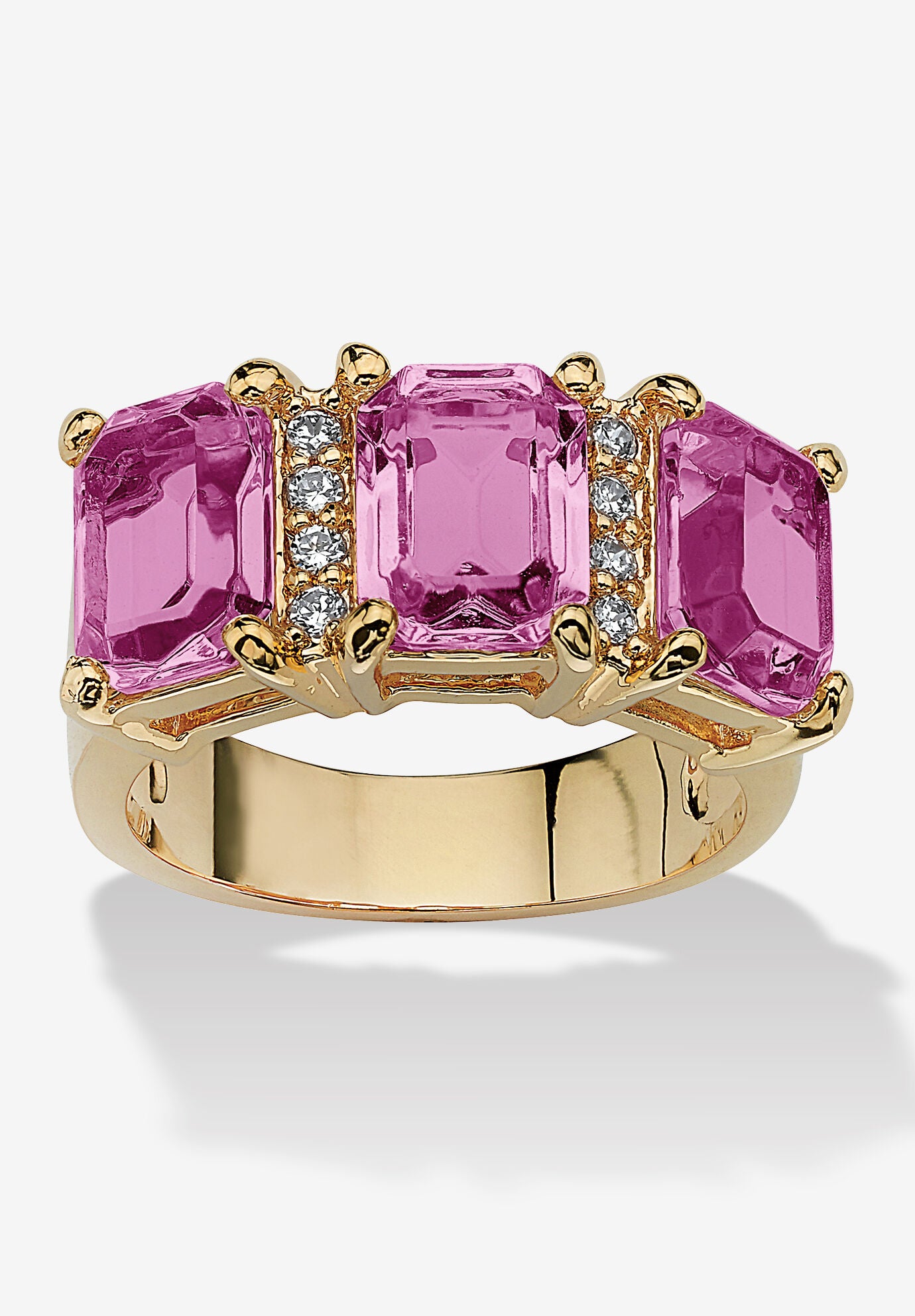 Yellow Gold-Plated Emerald Cut 3 -Stone Simulated Birthstone & CZ Ring, JUNE, hi-res image number 0