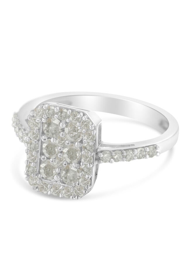 Sterling Silver Diamond Emeraldshaped Cluster With Halo Cathedral Style Cocktail Ring, , on-hover image number null