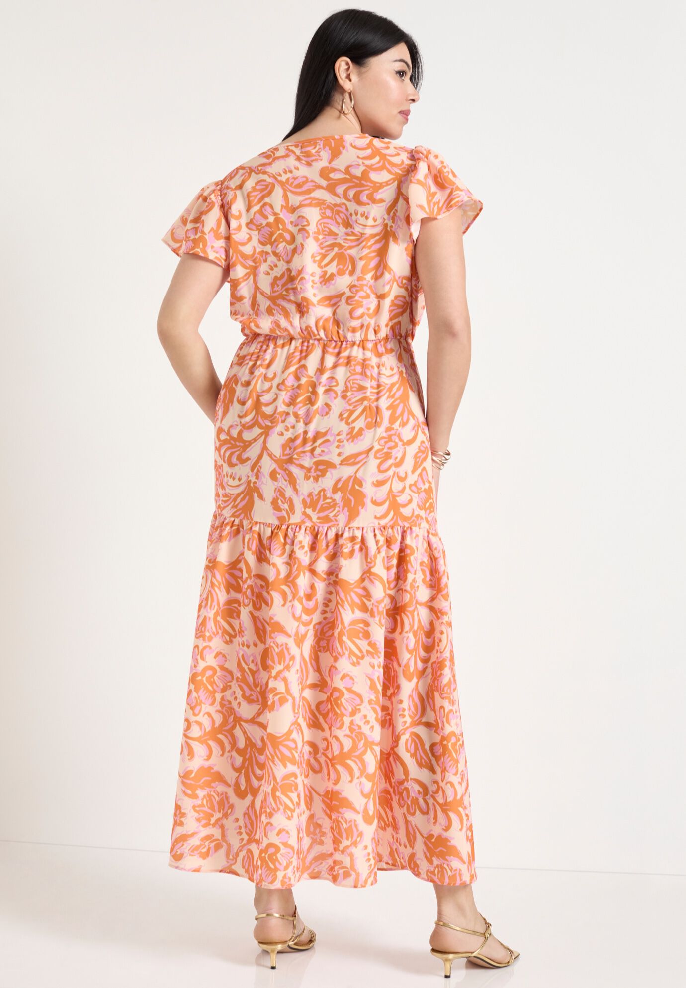 Faux-Wrap Maxi Dress, BOUQUET ORANGE, on-hover image number 1