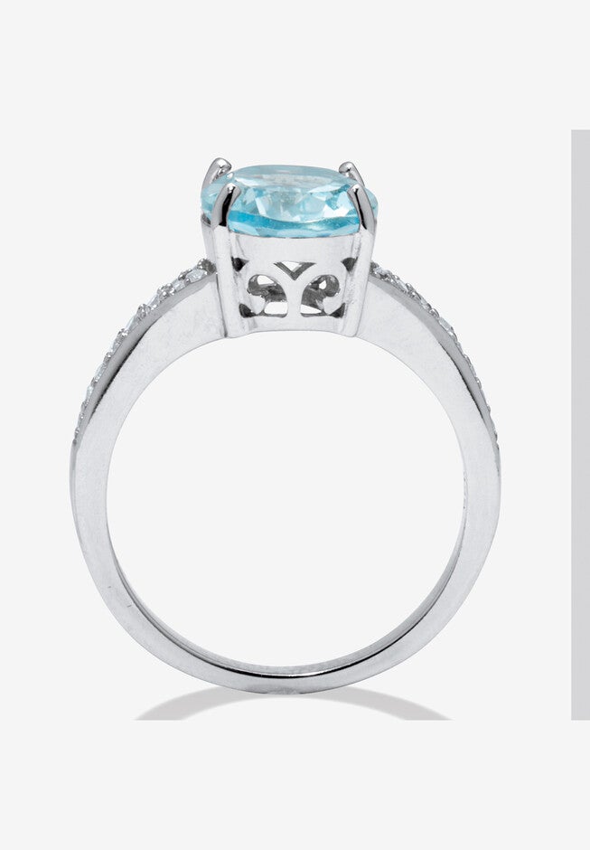 4.70 Tcw Oval Cut Genuine Blue Topaz And Cubic Zirconia Sterling Silver Ring, , alternate image number null