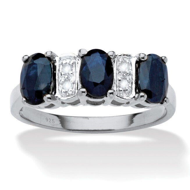 1.86 TCW Oval-Cut Genuine Blue Sapphire & Diamond Platinum Plated Silver Ring, BLUE, hi-res image number null