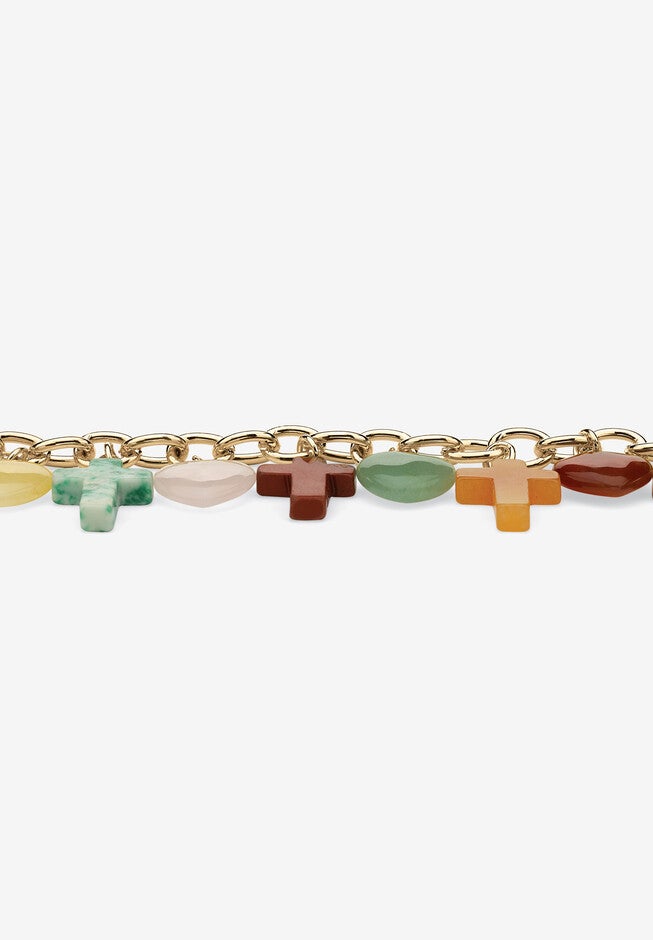 Genuine Agate Gold Tone Cross and Heart Charm Bracelet plus 1/2 inches Extender, , on-hover image number null