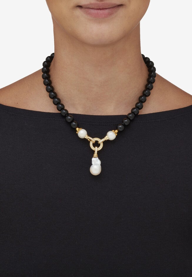 1.72 Cttw. Black Agate & Keshi Pearl Drop Beaded Necklace Gold-Plated 20 inches Length, , alternate image number null