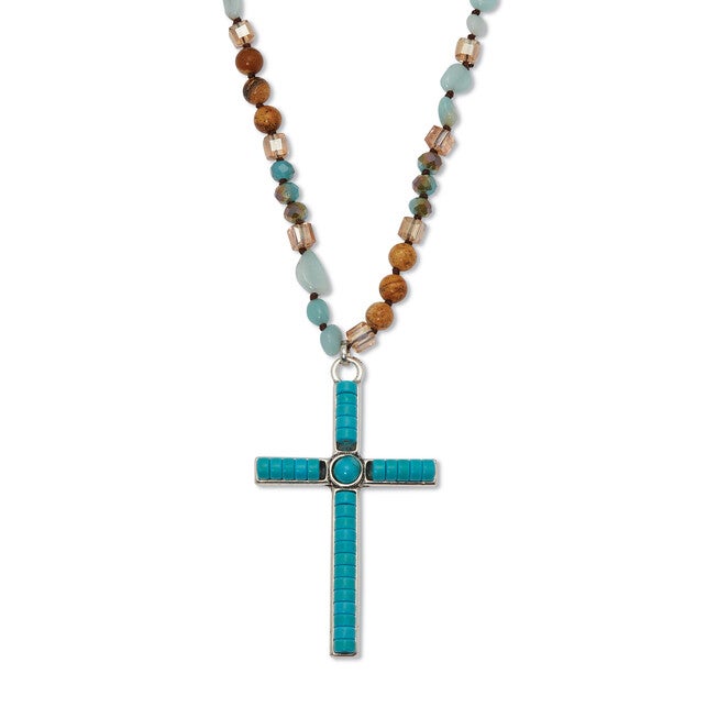 Round Genuine Turquoise Silvertone Beaded Cross Necklace 34-inch, GREEN, hi-res image number 0