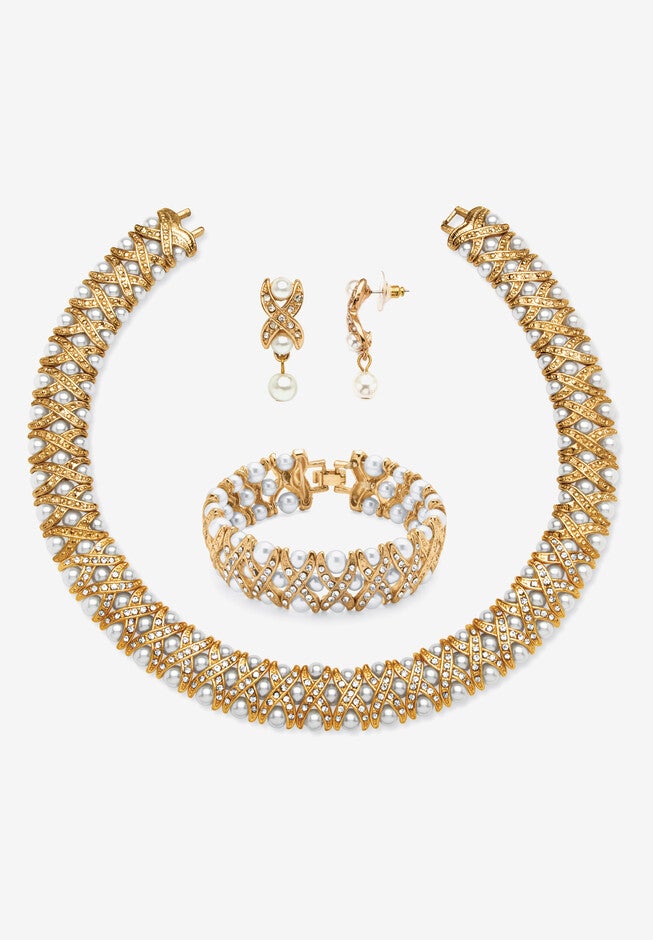 Gold Tone Necklace, Bracelet And Earring Set, Simulated Pearl Jewelry, CRYSTAL PEARL GOLD, hi-res image number 0