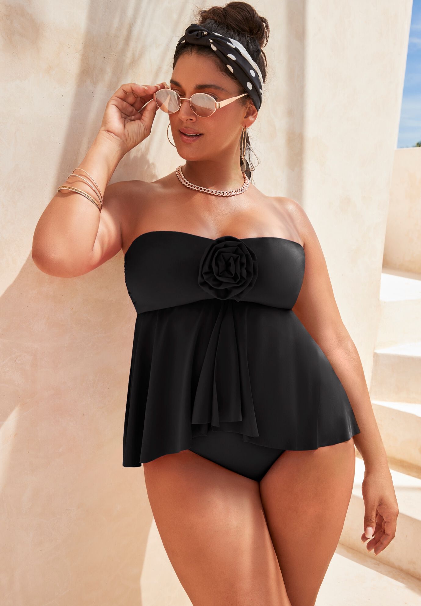 Rosette Bandeau Tankini Set With Chlorine Resistant Full Coverage Brief, , hi-res image number null