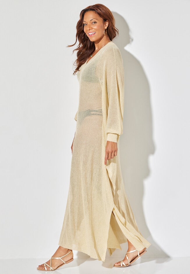 Long V-Neck Shimmer Caftan Tunic Cover Up, , alternate image number null