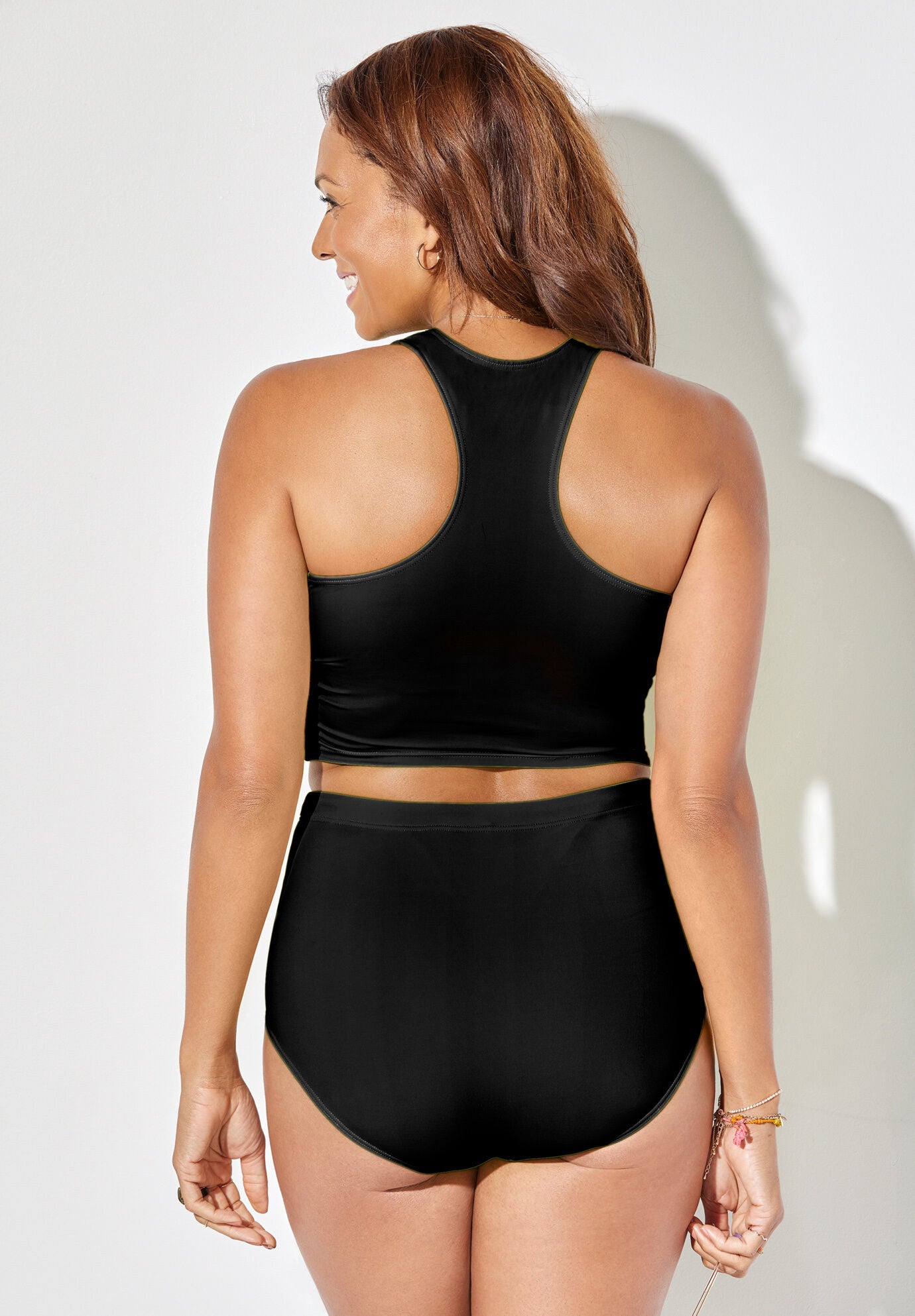 Cropped Racerback Shirred High Waist Tankini Set, , on-hover image number 1