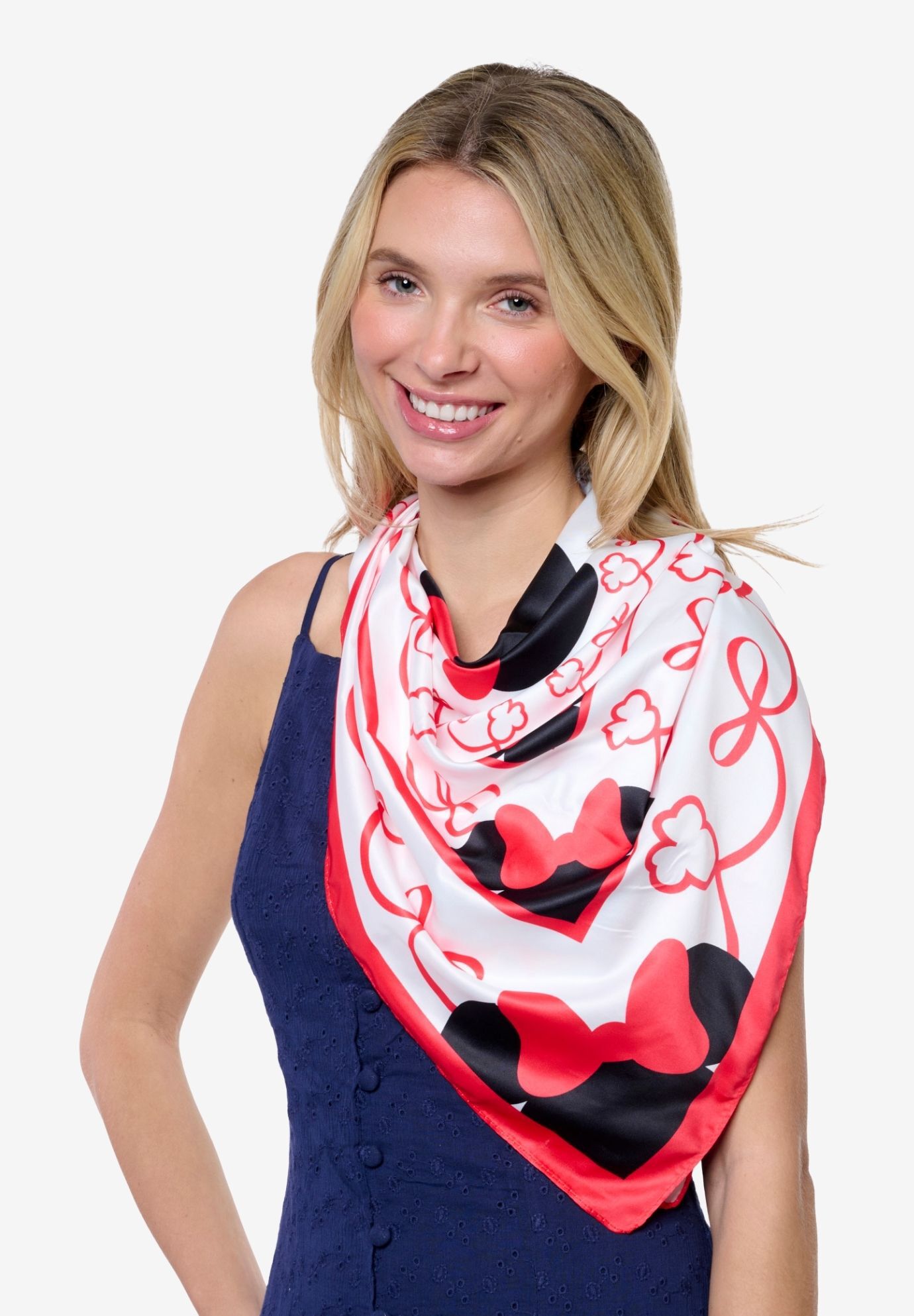 Disney Minnie Mouse 35 inches x 35 inches Red Bow Silky Square Scarf Neck Scarf Head Wrap, RED, hi-res image number 0