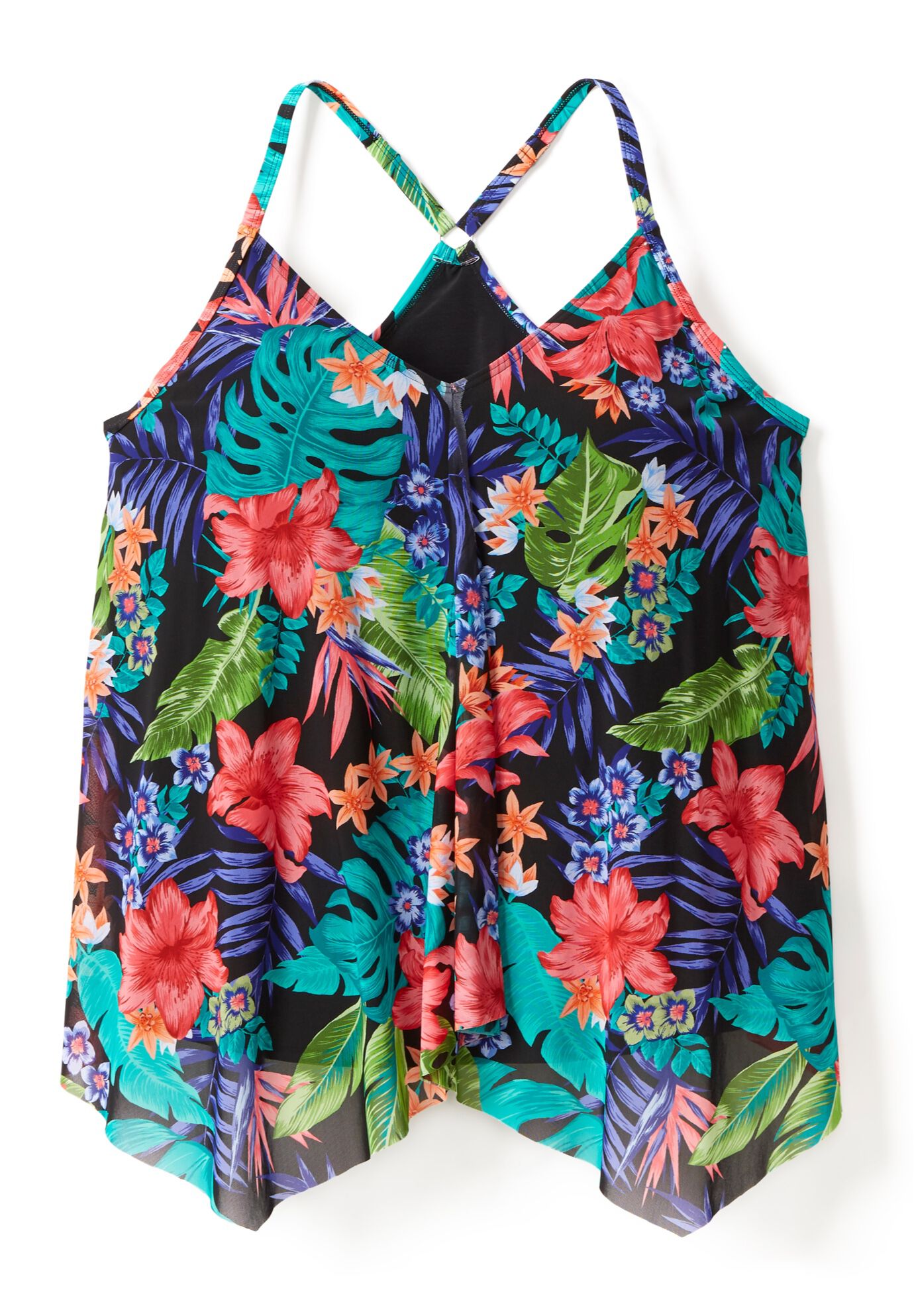 Longer-Length Mesh Tankini Top, BLACK TROPICAL FLORAL, alternate image number 3