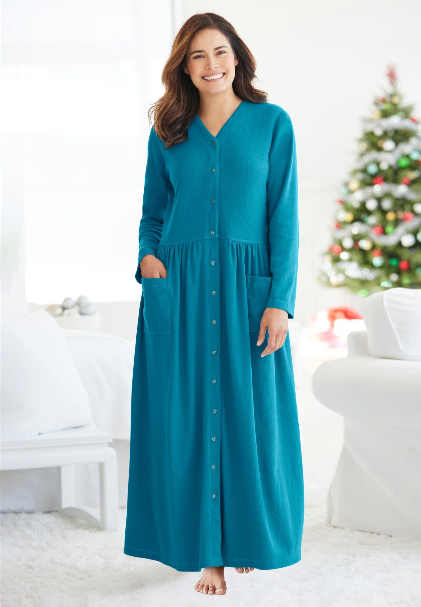 Long Snap-Front Knit Lounger, DEEP TEAL, hi-res image number 0