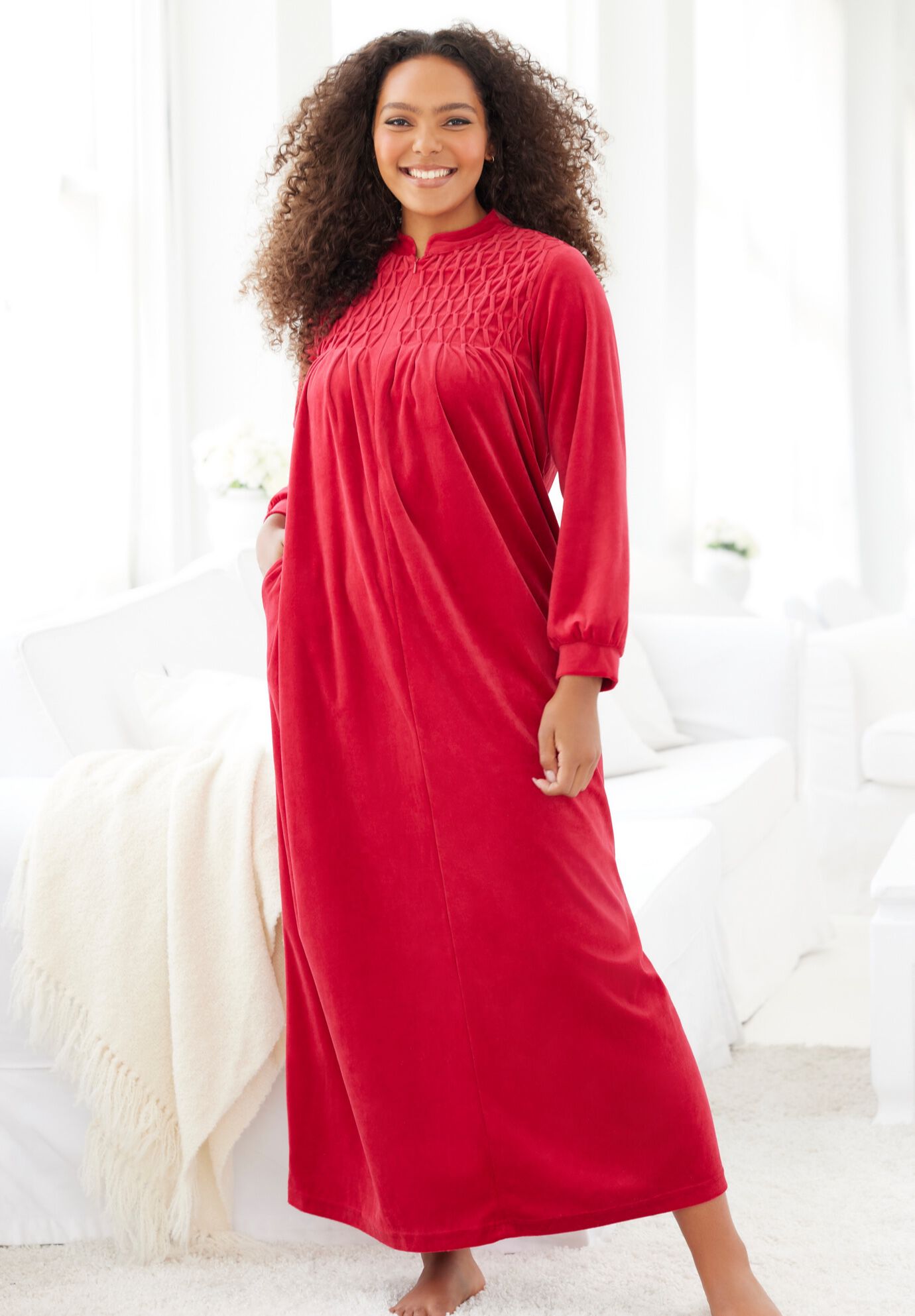 Smocked Velour Long Robe, , alternate image number 6