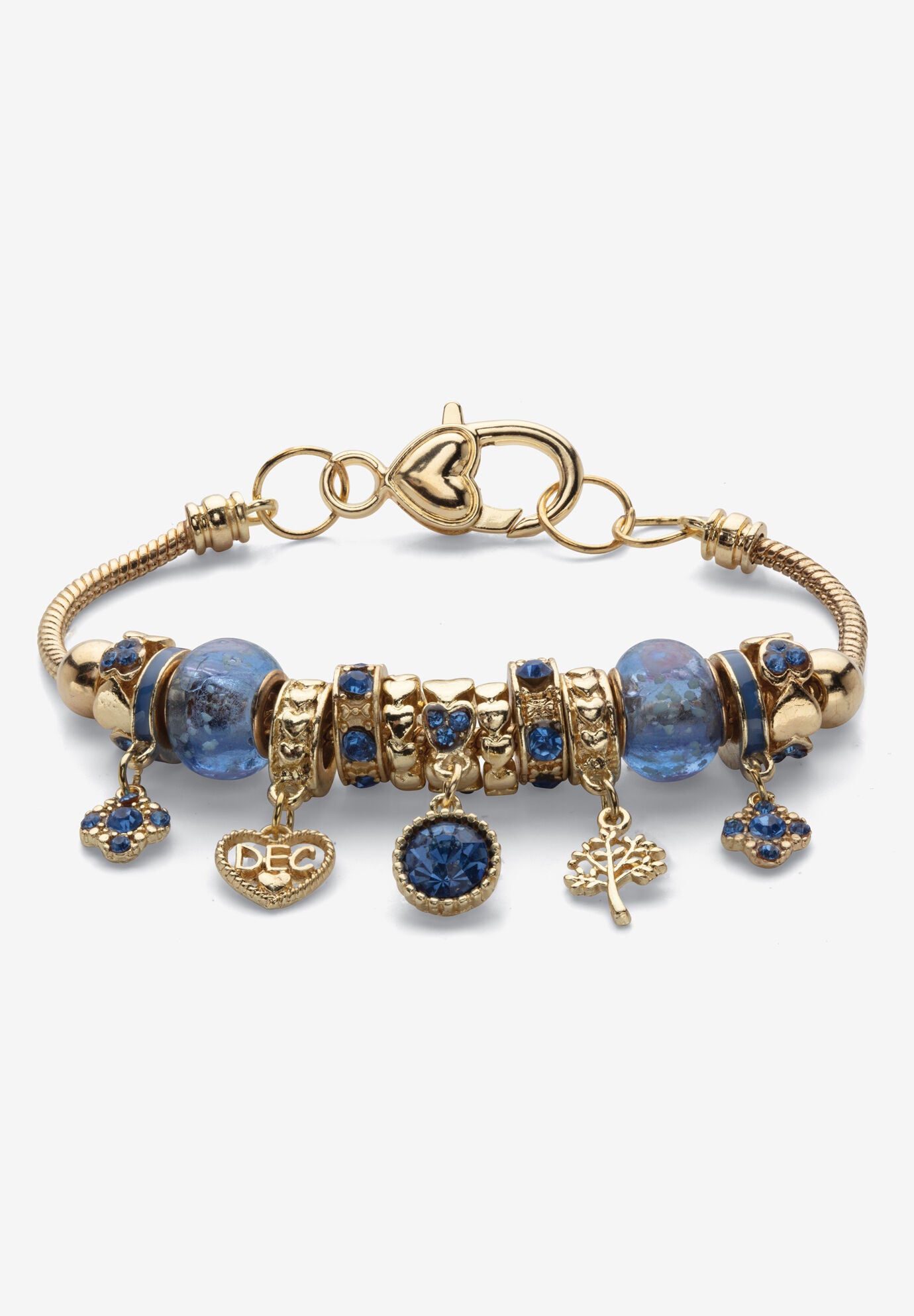 Goldtone Antiqued Birthstone Bracelet (13mm), Round Crystal 8 inch Adjustable, DECEMBER, hi-res image number 0