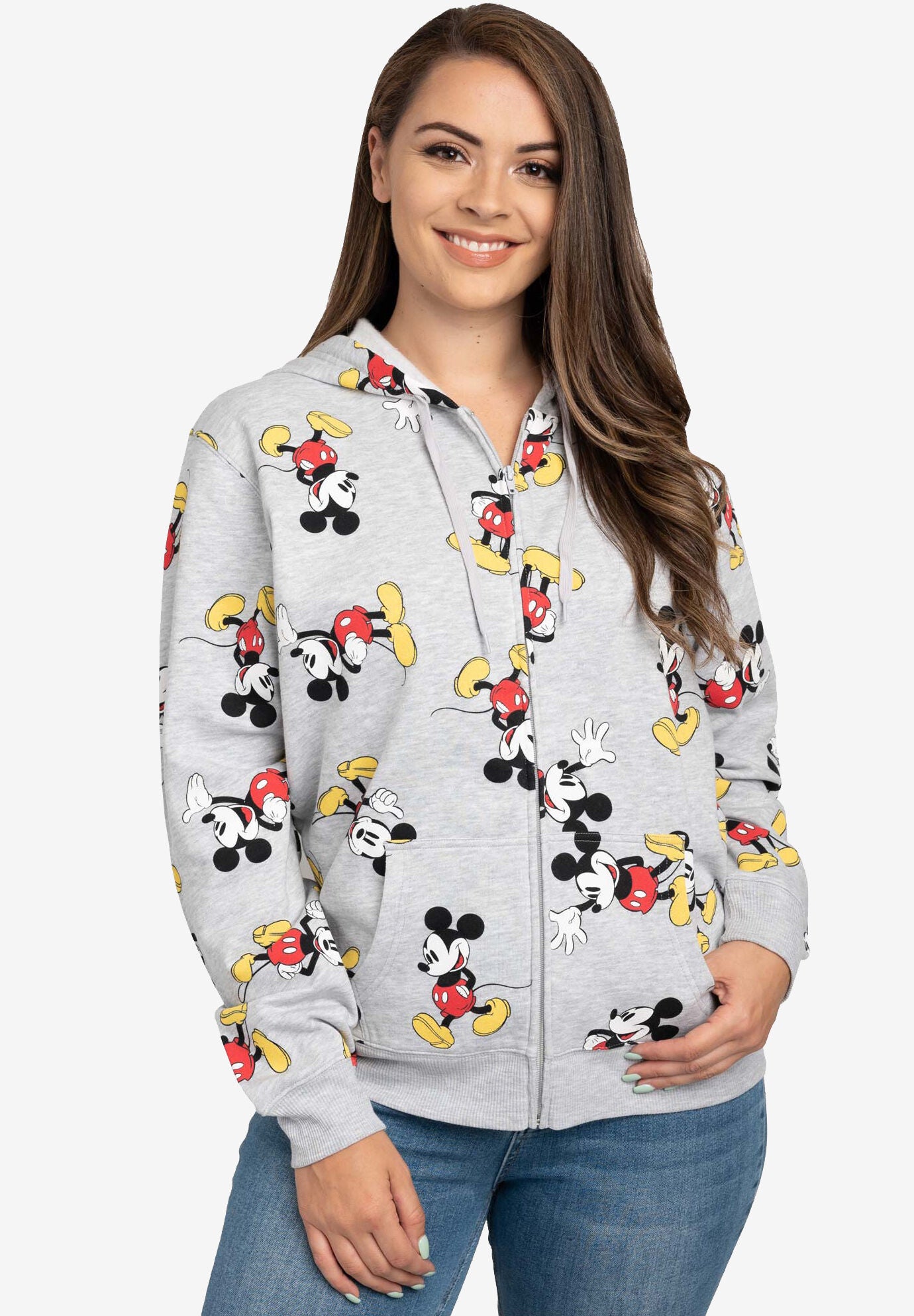Women's Plus Size Disney Mickey Mouse Zip Hoodie All-Over Print Sweatshirt Gray, , alternate image number 3
