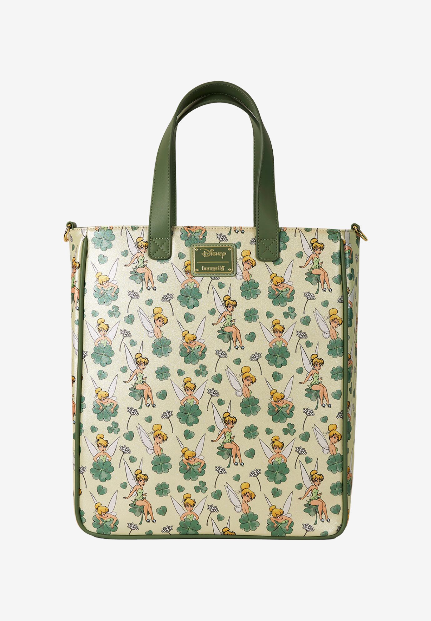 Loungefly x Disney Tinker Bell All-Over Print Tote Bag With Coin Bag Clovers, GREEN, on-hover image number 1