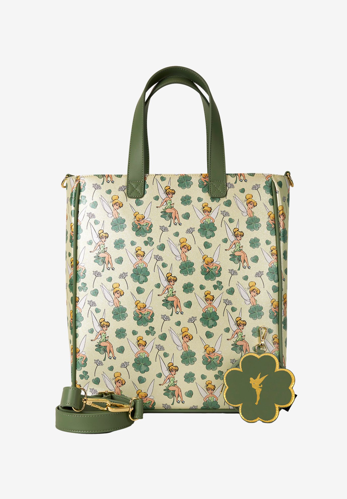 Loungefly x Disney Tinker Bell All-Over Print Tote Bag With Coin Bag Clovers, GREEN, hi-res image number 0