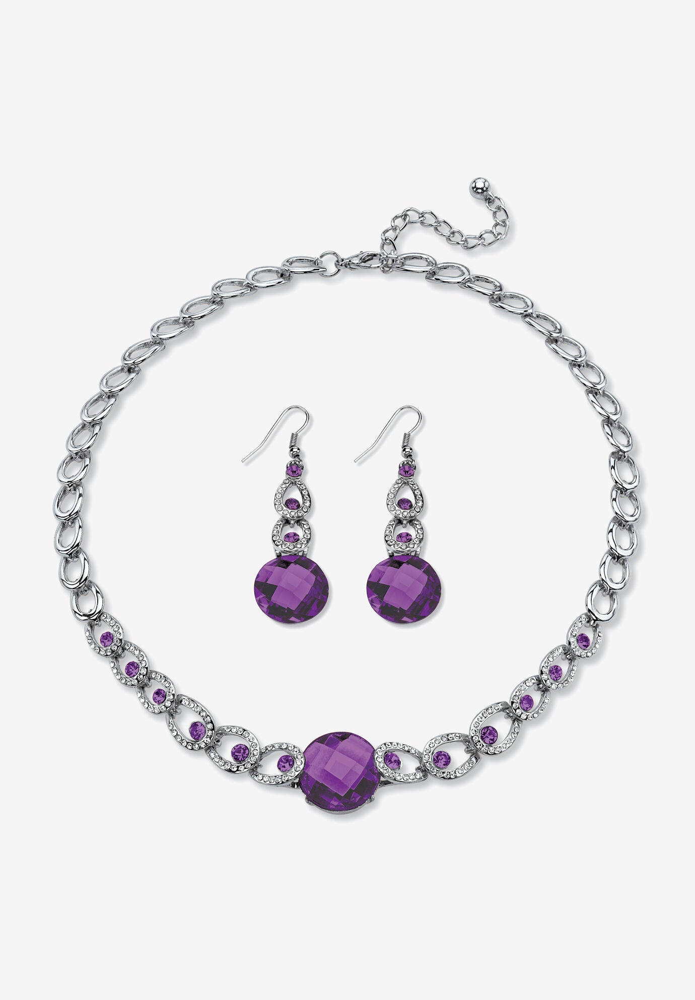 Silver Tone Collar Necklace and Earring Set, Simulated Birthstone, FEBRUARY, hi-res image number 0