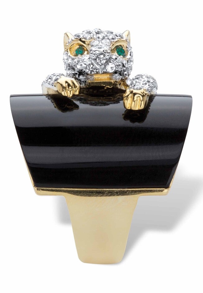 Yellow Gold-Plated Natural Black Onyx and Crystal Leopard Ring, , on-hover image number 1
