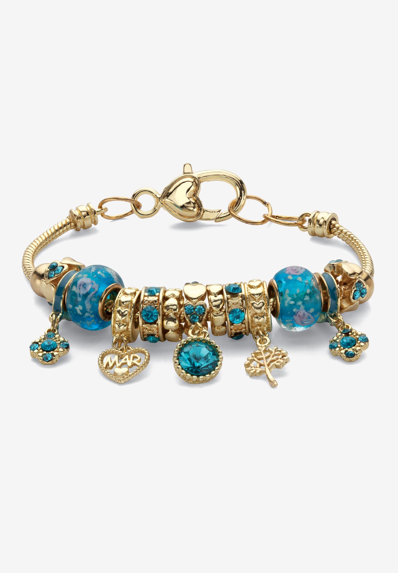 Goldtone Antiqued Birthstone Bracelet (13mm), Round Crystal 8 inch Adjustable, MARCH, hi-res image number 0