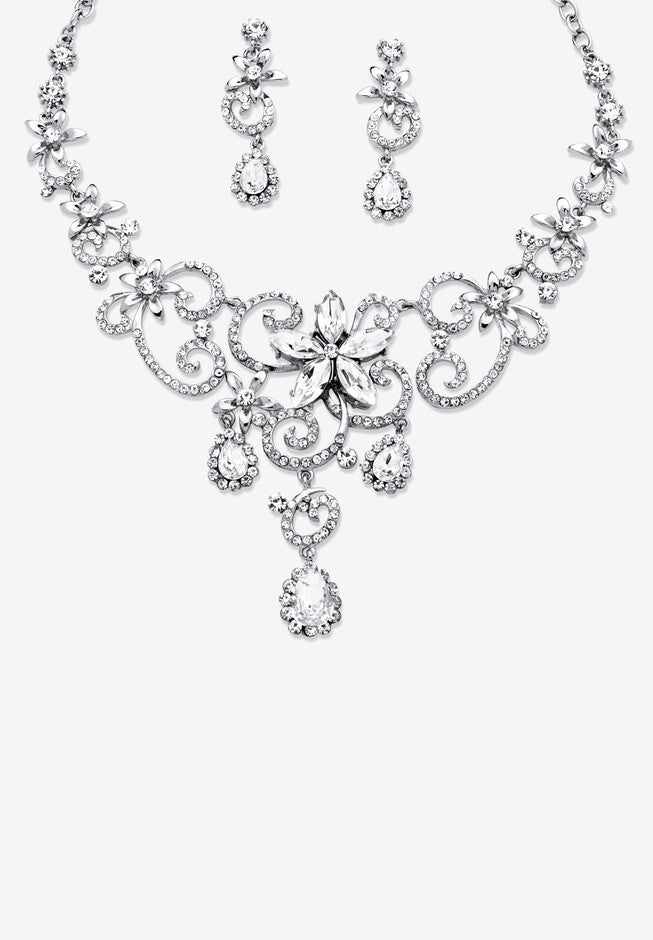 Silver Tone Swirl and Flower Bib Necklace and Bracelet Set, Crystal, SILVER, hi-res image number null