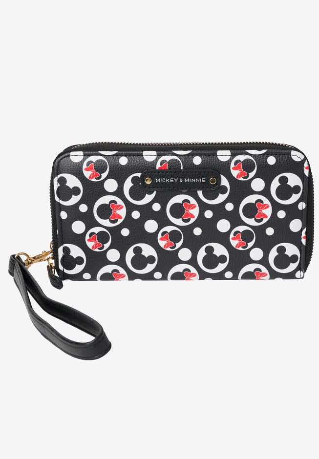 Women'S Mickey & Minnie Icons Black Zip Around Wallet All-Over Print Wristlet, BLACK, hi-res image number null