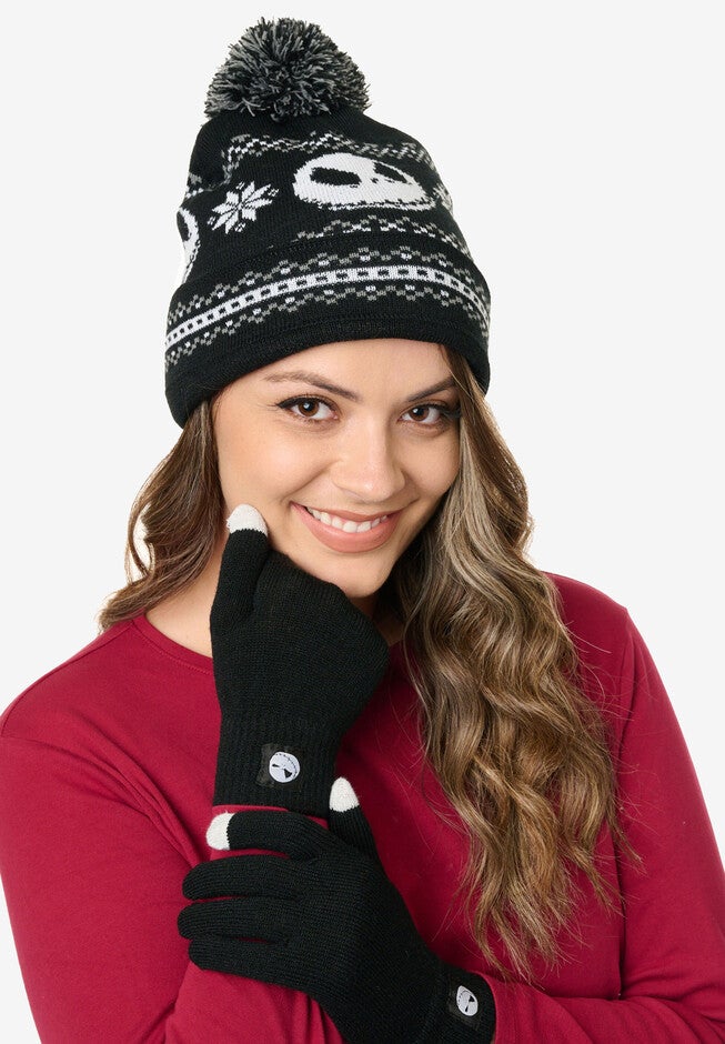 Nightmare Before Christmas Knit Beanie Hat & Touch Screen Gloves, BLACK, hi-res image number 0