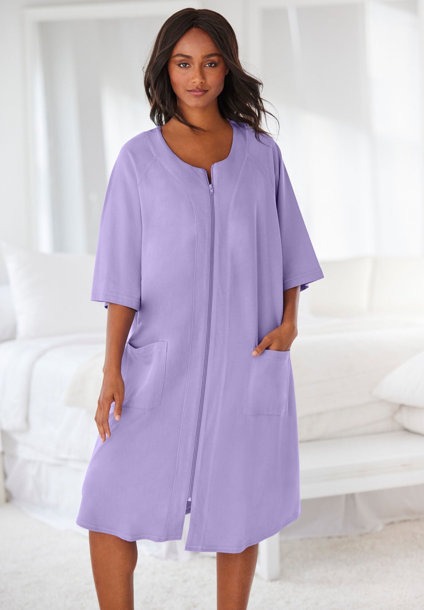 Short French Terry Zip-Front Robe | Avenue