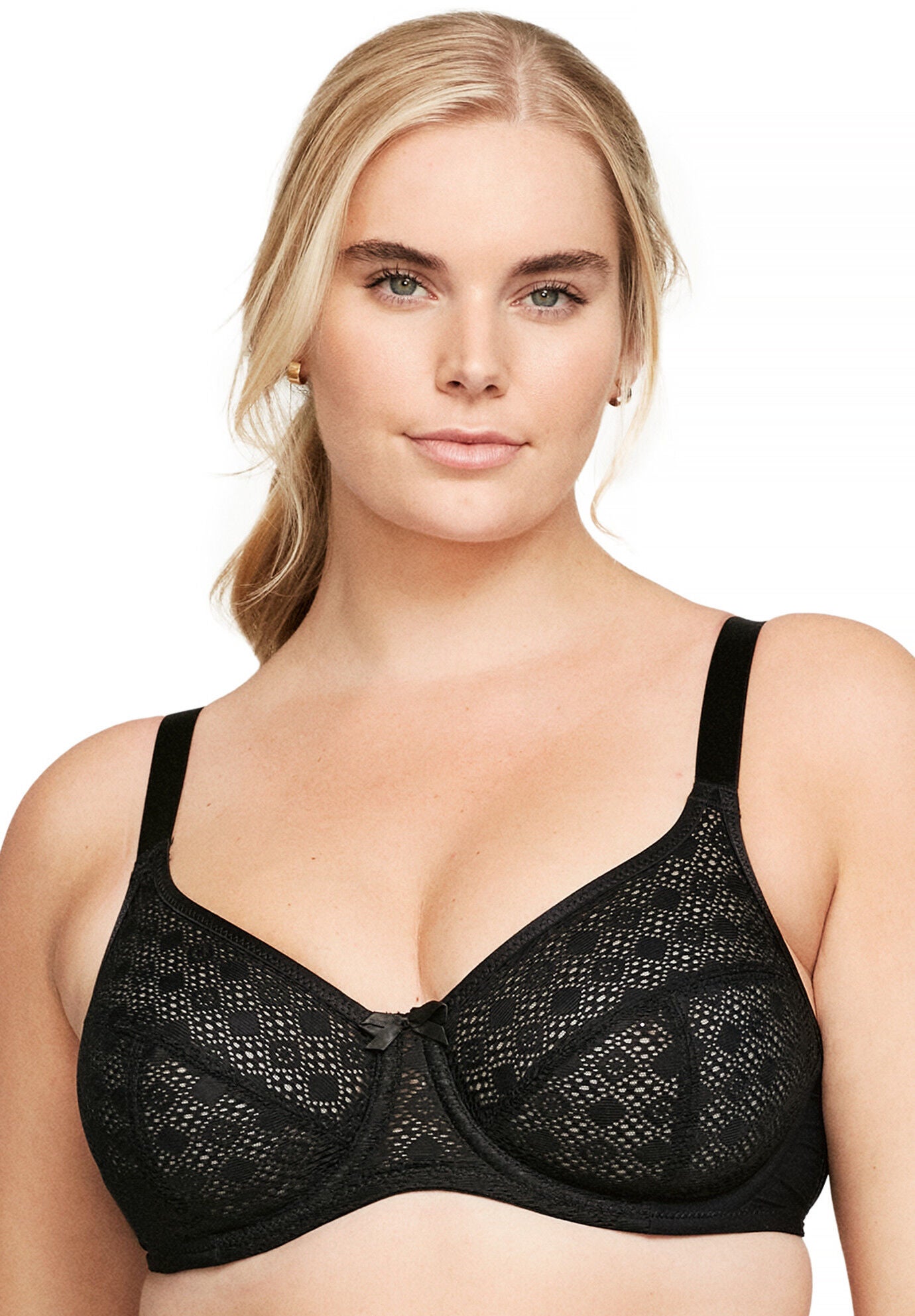 Full Figure Plus Size Lace Comfort Wonderwire Bra Underwire #9855 Bra, BLACK, hi-res image number 0