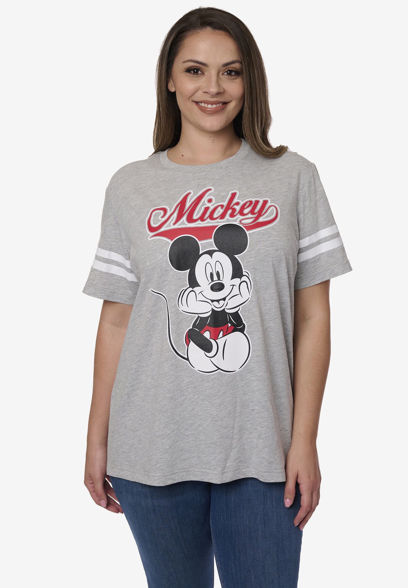Disney Mickey Mouse Striped Sleeve Varsity T-Shirt, GRAY, hi-res image number 0