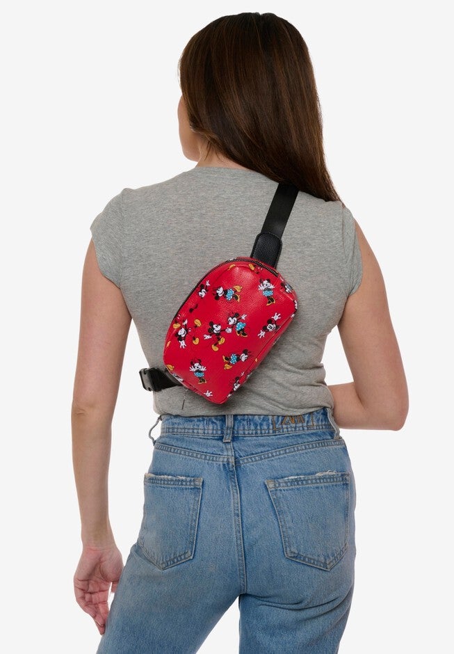 Disney Mickey & Minnie Mouse Belt Bag Crossbody Zippered All Over Print Faux Leather, , alternate image number 2