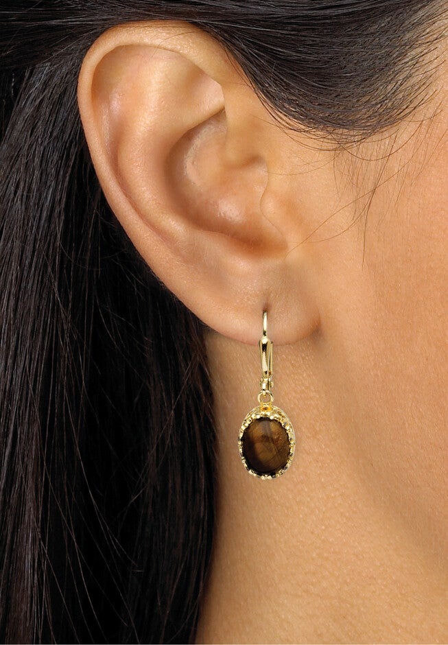 Yellow Gold-Plated Drop Earrings (12X10Mm) Genuine Tiger'S Eye, , alternate image number null