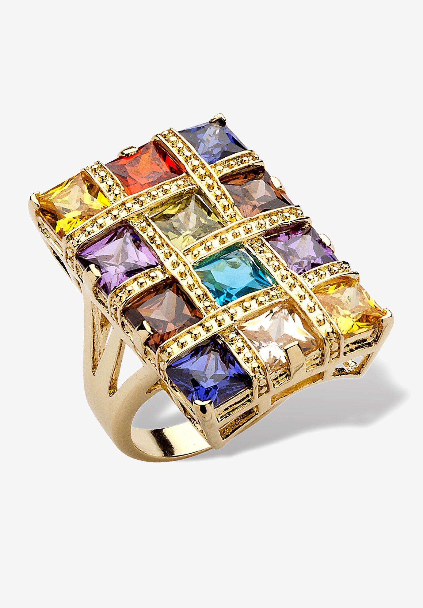 Yellow Gold-Plated Princess Cut Multi-Color Cubic Zirconia Ring, CUBIC ZIRCONIA, hi-res image number 0