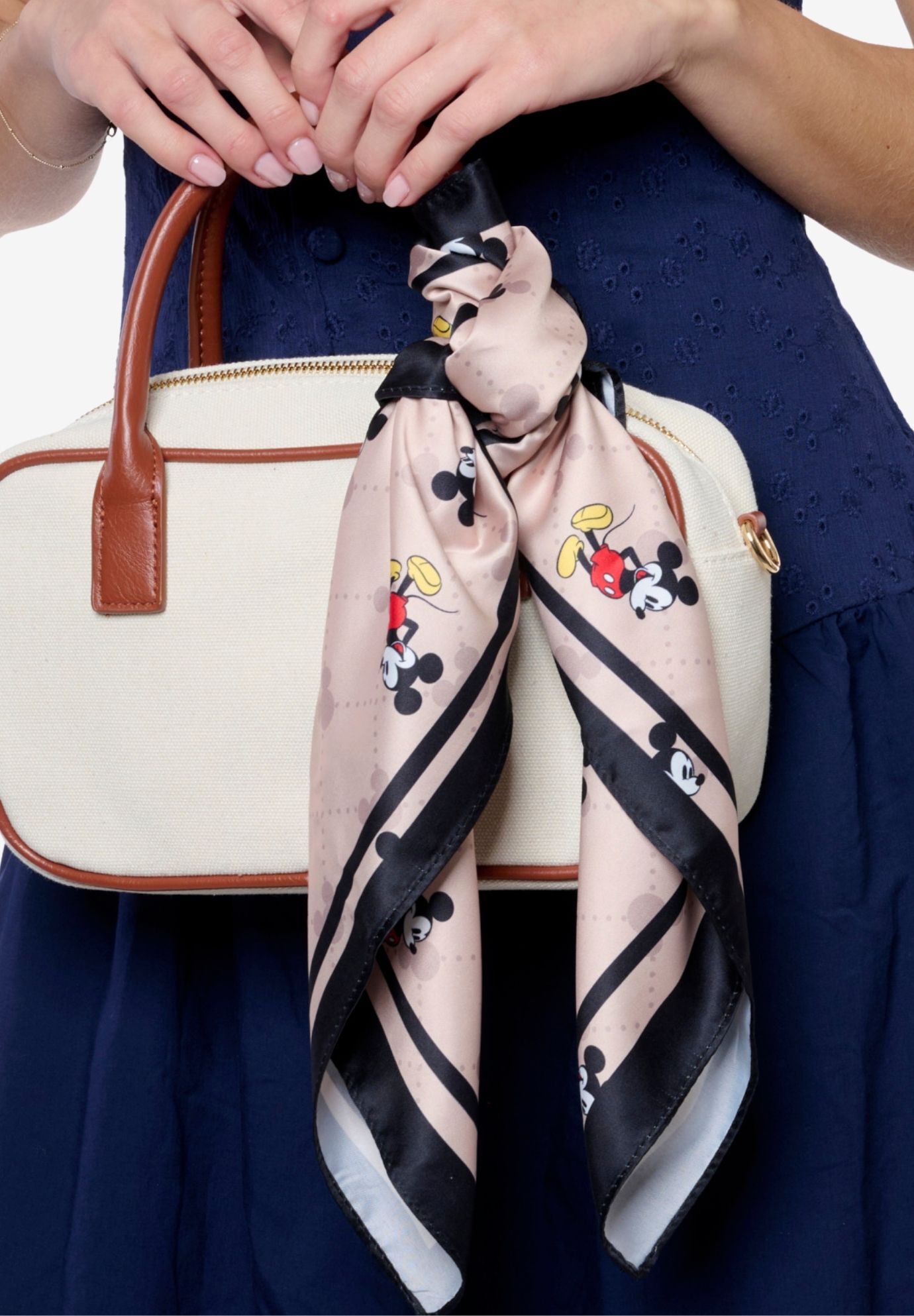Disney Mickey Mouse Silky Scarf 27 inches x 27 inches Tan Icon Print Square Neck Tie, BLACK, alternate image number 2