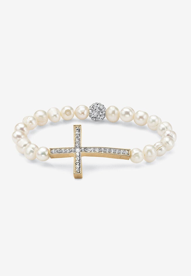 Gold Tone Cross Stretch Bracelet, Cultured Freshwater Pearl, 8 inches, GOLD, hi-res image number 0