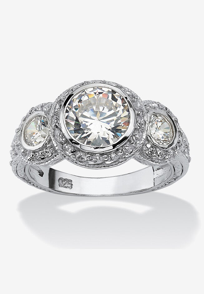Sterling Silver Cubic Zirconia Vintage Style 3-Stone Bridal Ring, CUBIC ZIRCONIA, hi-res image number 0