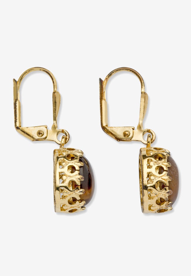Yellow Gold-Plated Drop Earrings (12X10Mm) Genuine Tiger'S Eye, , on-hover image number null